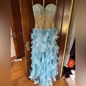 Sherri Hill Prom Dress Strapless Blue and Gold Ruffled Gown
